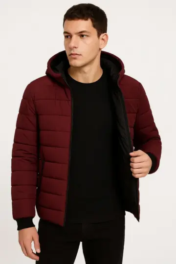 Şişme Kapüşonlu Fermuarlı Mont Su İtici Kapitone Cepli Ceket - Bordo