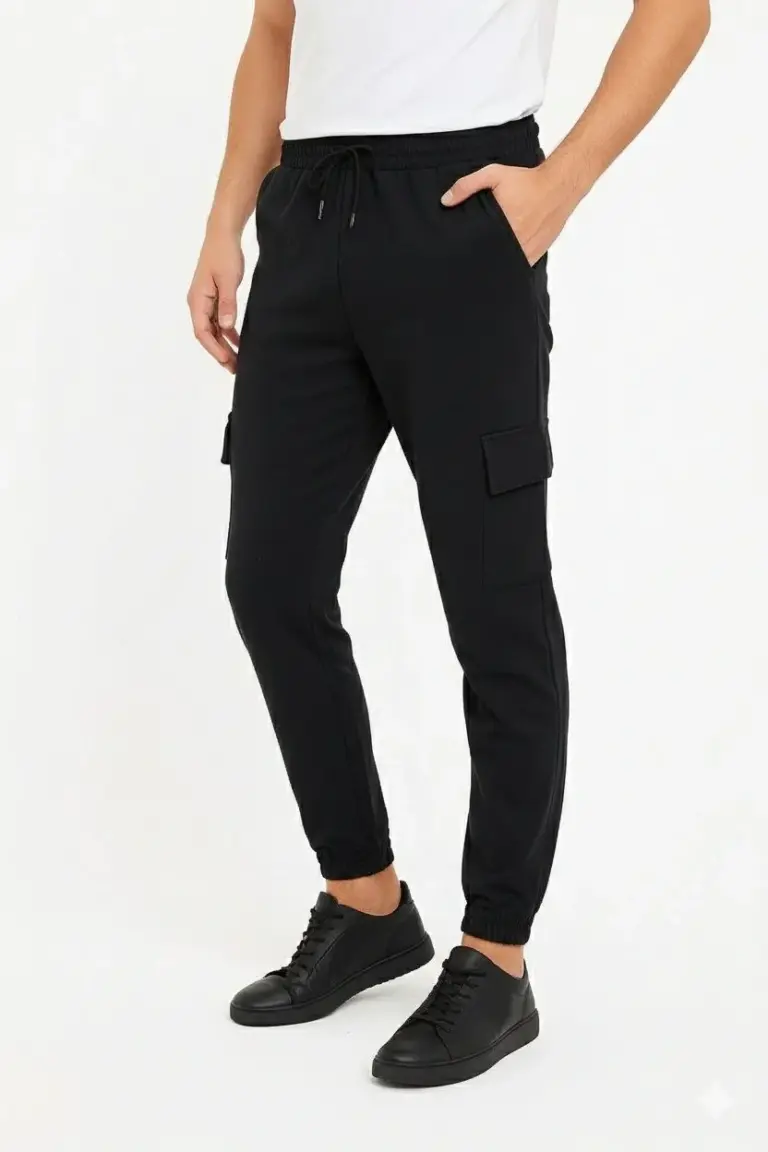 Siyah Jogger Eşofman Altı Kalıp Kargo Cepli Lastikli Paça Spor Pantolon - Siyah