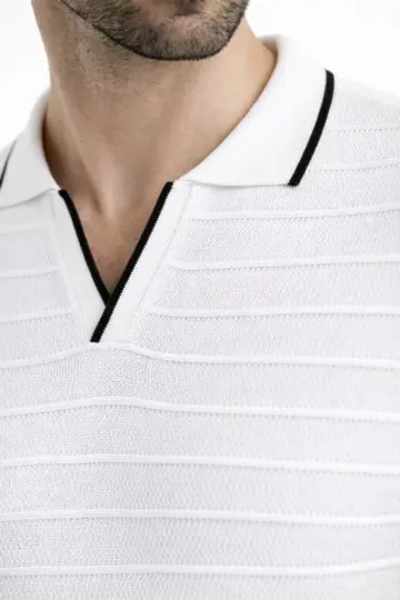 Yazlık Dokuma Triko Tişört Düğmesiz  Polo Yaka Kısa Kol T-Shirt - Beyaz