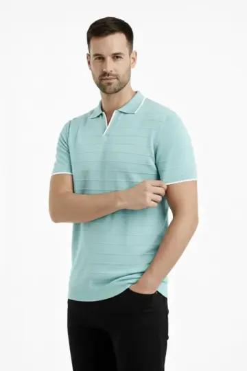 Yazlık Dokuma Triko Tişört Düğmesiz Polo Yaka Kısa Kol T-Shirt - Mint yeşili