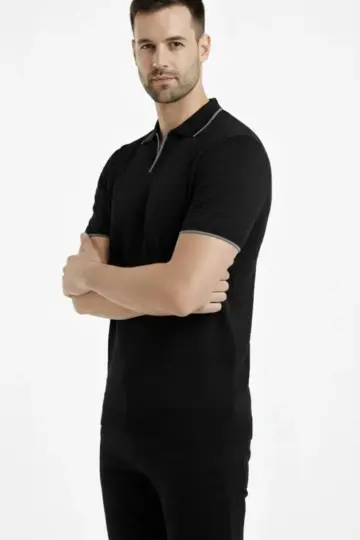 Yazlık Dokuma Triko Tişört Düğmesiz Polo Yaka Kısa Kol T-Shirt - Siyah