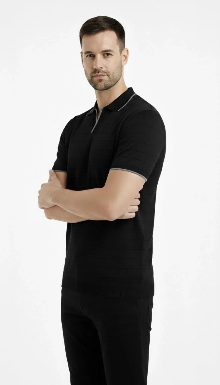 Yazlık Dokuma Triko Tişört Düğmesiz Polo Yaka Kısa Kol T-Shirt - Siyah