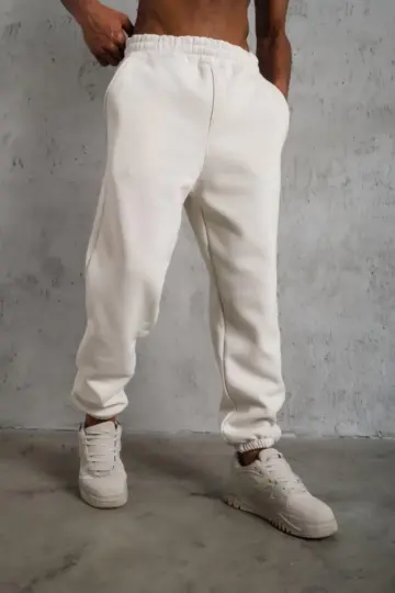 Erkek3 İplik Pamuklu Alt Eşofman Paça Lastikli Pantolon - Beyaz