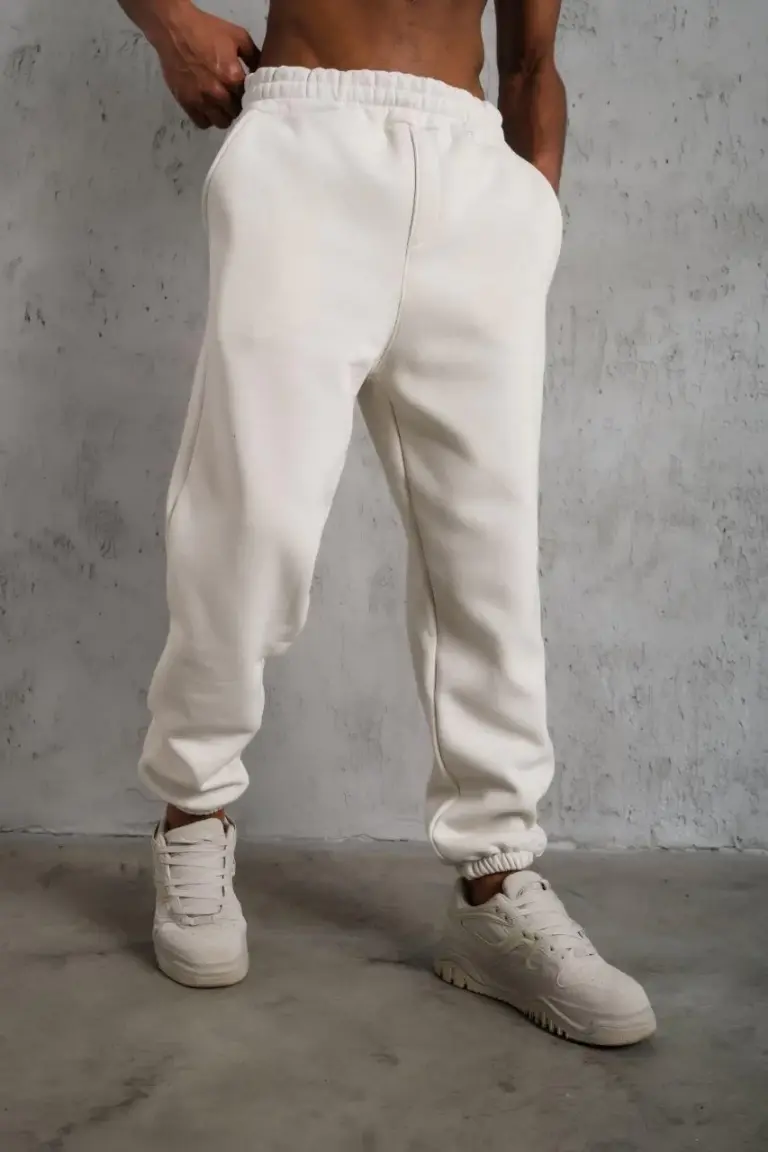 Erkek3 İplik Pamuklu Alt Eşofman Paça Lastikli Pantolon - Beyaz
