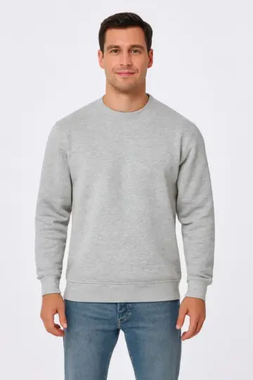 3 İplik Pamuklu Düz Bisiklet Yaka SweatShirt - Gri