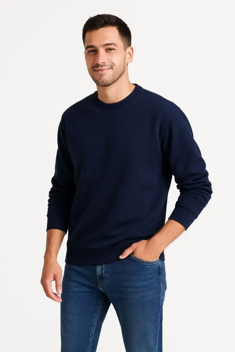 3 İplik Pamuklu Düz Bisiklet Yaka SweatShirt - Lacivert