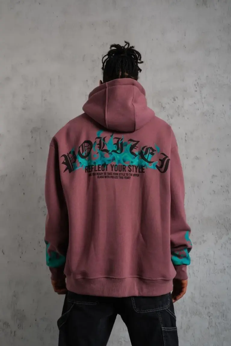 3 İplik içi Pamuklu Alev Baskılı Kapüşonlu hoodie Sweatshirt - Gül Kurusu