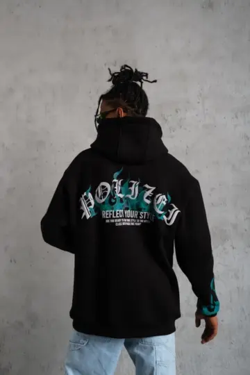 3 İplik Pamuklu Alev Baskılı Kapüşonlu hoodie Sweatshirt - Siyah