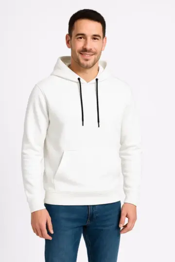 3 İplik Pamuklu Kapüşonlu Kanguru Cepli SweatShirt hoodie - Beyaz