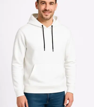 3 İplik Pamuklu Kapüşonlu Kanguru Cepli SweatShirt hoodie - Beyaz