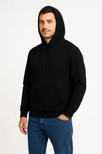 3 İplik Pamuklu Kapüşonlu Kanguru Cepli SweatShirt hoodie - Siyah