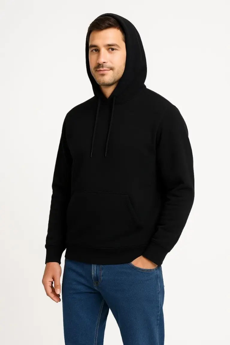 3 İplik Pamuklu Kapüşonlu Kanguru Cepli SweatShirt hoodie - Siyah