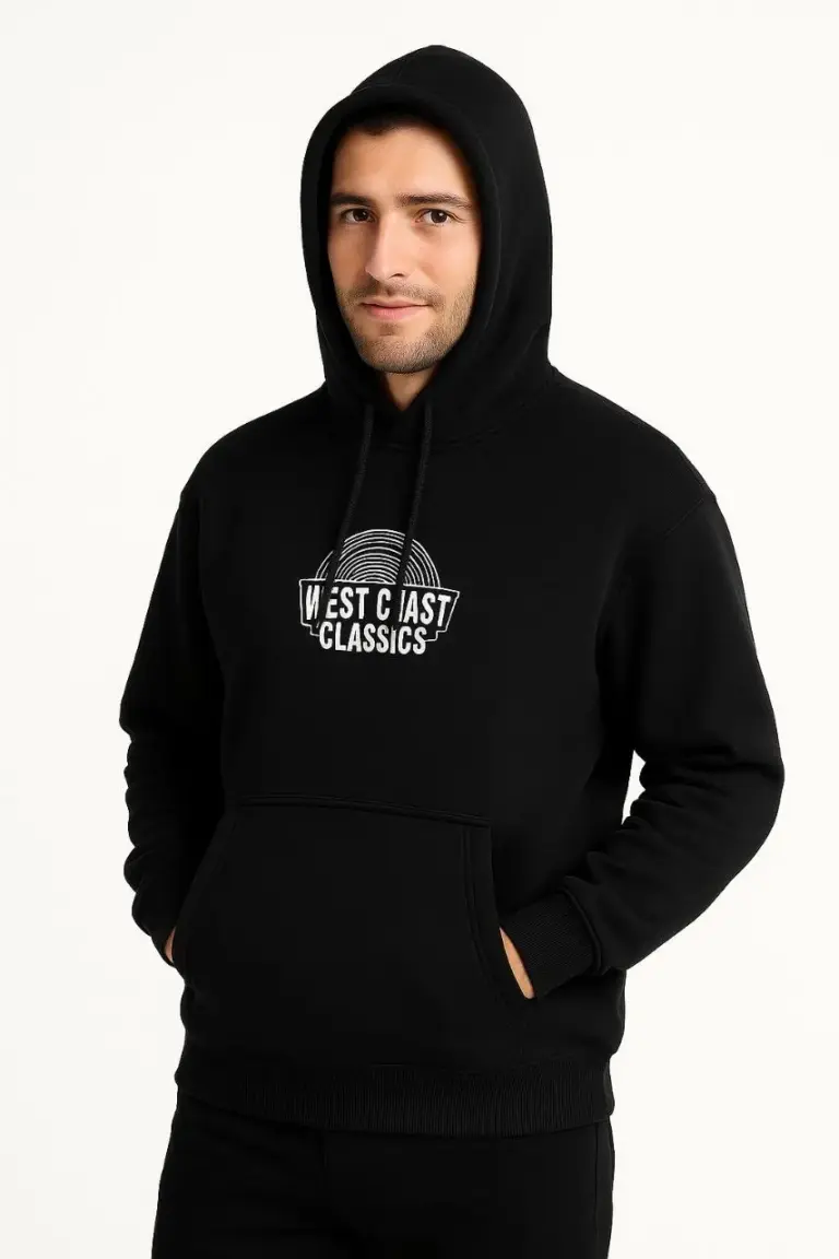 Kapüşonlu Kanguru Cepli Sweatshirt 3 İplik Pamuklu Baskılı Hoodie - Siyah