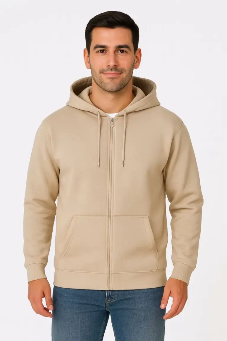 3 İplik Pamuklu Kapüşonlu Tam Fermuarlı Cepli Hoodie Sweatshirt - Bej