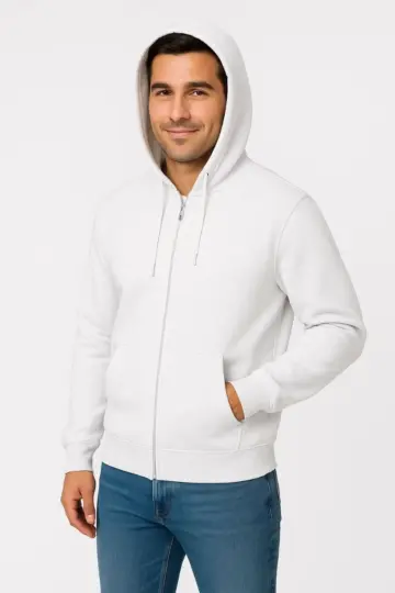 3 İplik Pamuklu Kapüşonlu Tam Fermuarlı Cepli Hoodie Sweatshirt - Beyaz