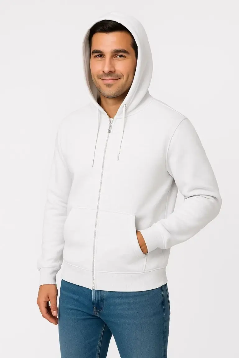 3 İplik Pamuklu Kapüşonlu Tam Fermuarlı Cepli Hoodie Sweatshirt - Beyaz