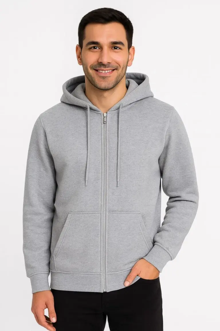 3 İplik Pamuklu Kapüşonlu Tam Fermuarlı Cepli Hoodie Sweatshirt - Gri