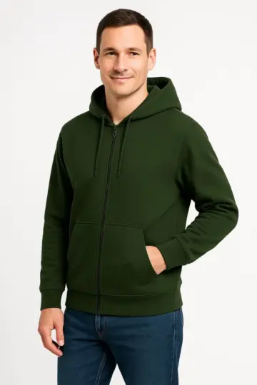 3 İplik Pamuklu Kapüşonlu Tam Fermuarlı Cepli Hoodie Sweatshirt - Haki
