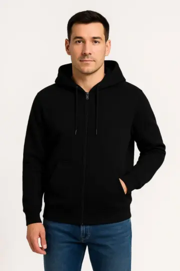 3 İplik Pamuklu Kapüşonlu Tam Fermuarlı Cepli Hoodie Sweatshirt - Siyah