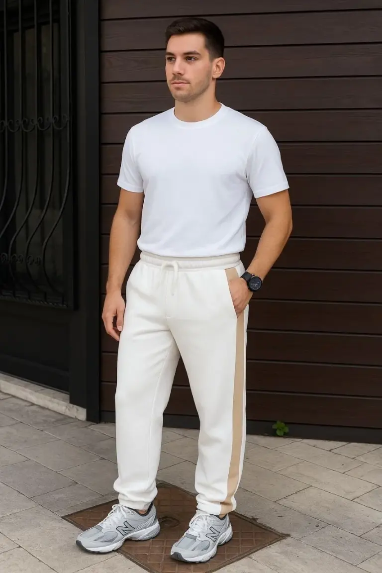 3 İplik Pamukku Garnili Şeritli Cepli Eşofman Altı Pantolon - Beyaz