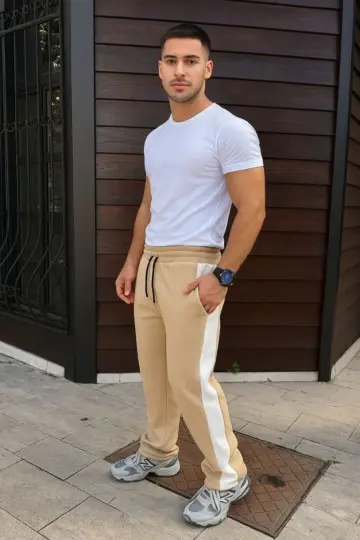 3 İplik Kışlık Pamuklu Yandan Garneli Kalın Şeritli Cepli Eşofman Altı Pantolon- Bej