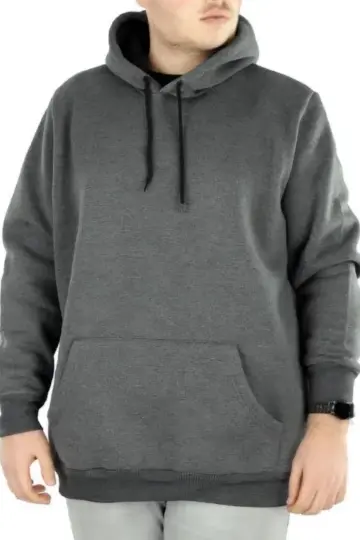 3 İplik Pamuklu Kapüşonlu Cepli Oversize Hoodie Sweatshirt - Füme