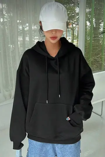 Kapüşonlu Kanguru Cepli 3 İplik Pamuklu Oversize Hoodie Sweatshirt - Siyah