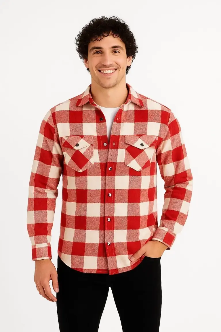 Oduncu Gömlek Uzun Kollu Şardonlu Kareli Desen Regular Fit Manşetli Çift - Kırmızı