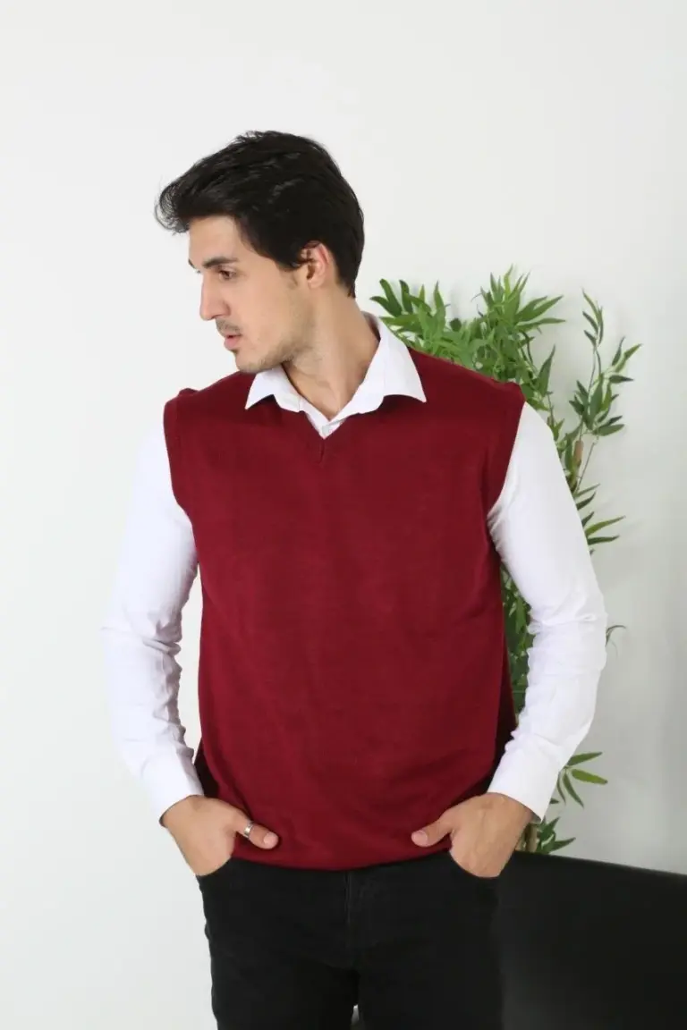 V Yaka Kolsuz Süveter Triko Yumuşak Dokulu İnce Yelek - Bordo