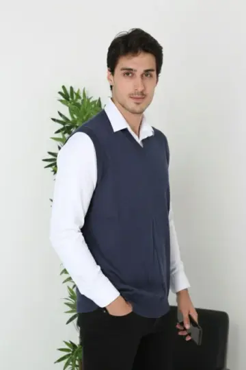 V Yaka Kolsuz Süveter Triko Yumuşak Dokulu İnce Yelek - Lacivert