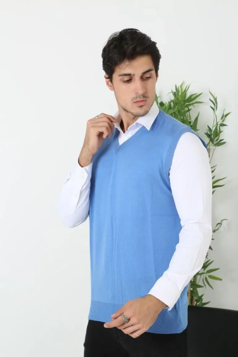 V Yaka Kolsuz Süveter Triko Yumuşak Dokulu İnce Yelek -  Mavi