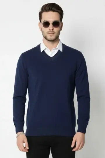 V Yaka Triko Kazak yumuşak dokulu Pamuklu ince Dokuma uzun kollu Regular - Lacivert