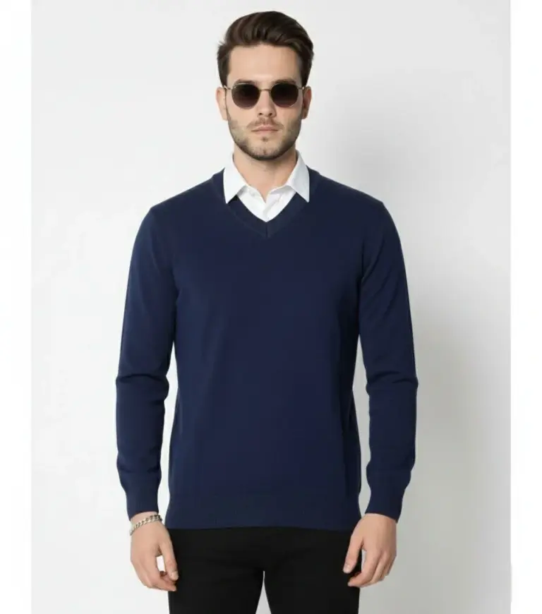 V Yaka Triko Kazak yumuşak dokulu Pamuklu ince Dokuma uzun kollu Regular - Lacivert