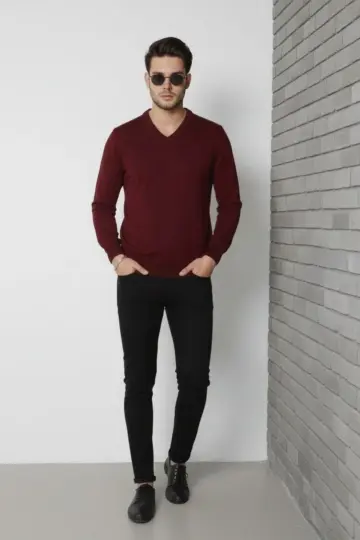 V Yaka Triko Kazak yumuşak dokulu Pamuklu ince Dokuma uzun kollu Regular - Bordo