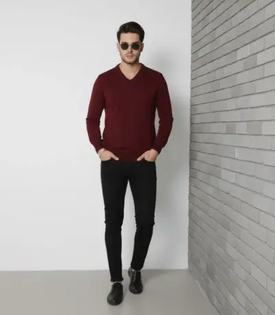 V Yaka Triko Kazak yumuşak dokulu Pamuklu ince Dokuma uzun kollu Regular - Bordo