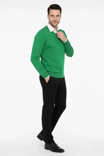 V Yaka Triko Kazak yumuşak dokulu Pamuklu ince Dokuma uzun kollu - Çimen Yeşili