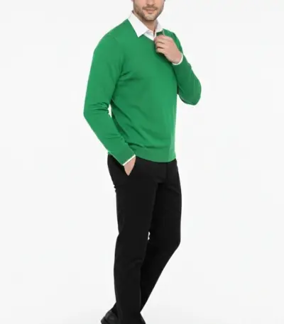 V Yaka Triko Kazak yumuşak dokulu Pamuklu ince Dokuma uzun kollu - Çimen Yeşili