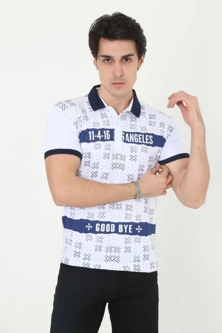 Polo Yaka Tişört Slim Fit Baskılı Kısa Kol T-Shirt - Beyaz