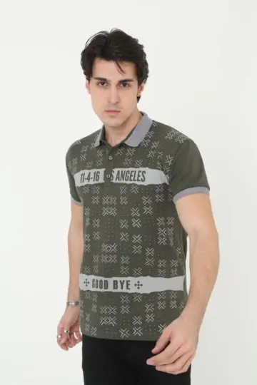 Polo Yaka tişört Slim Fit Baskılı Kısa kol T-Shirt - Haki