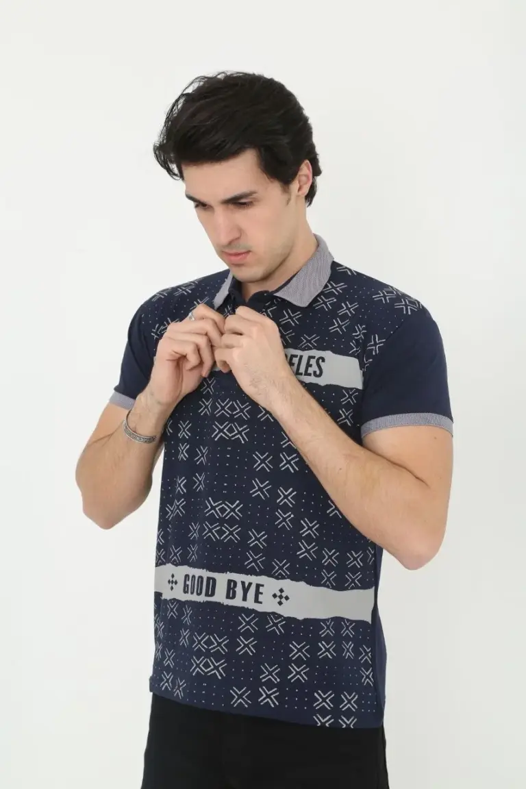 Polo Yaka  tişört Slim Fit Baskılı Kısa kol T-Shirt - Lacivert