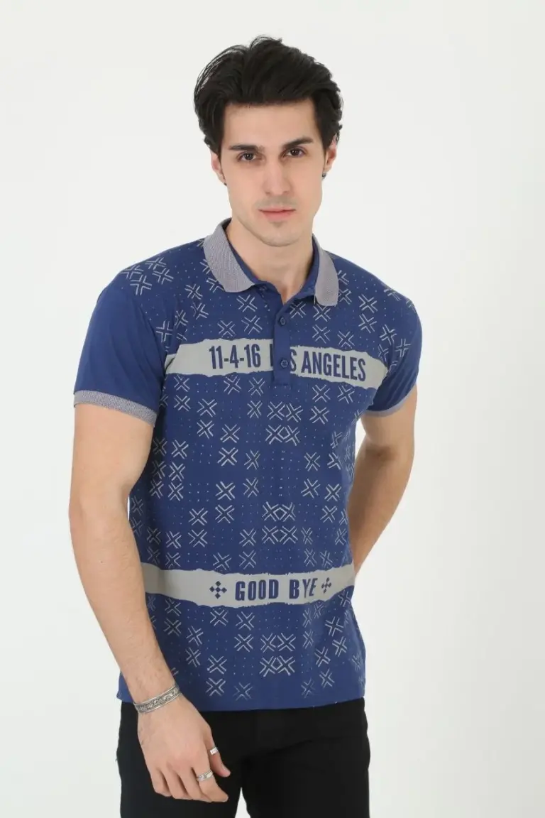 Polo Yaka tişört Slim Fit Baskılı Kısa kol T-Shirt - Mavi