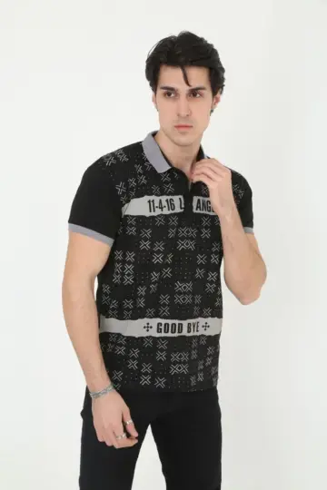 Polo Yaka tişört Slim Fit Baskılı Kısa kol T-Shirt - Siyah