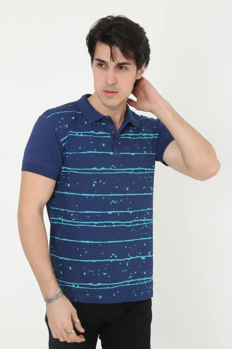 Pike Polo Yaka tişört Slim Fit Baskılı Kısa kol T-Shirt - Mavi
