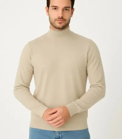 Yarım Boğaz Triko Yumuşak Dokulu Pamuklu Uzun Kollu Kazak - Bej