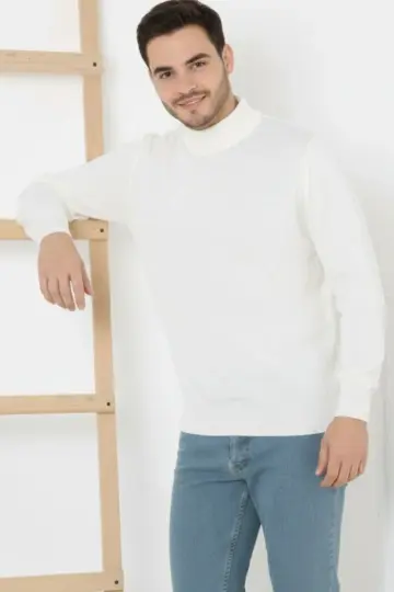 Yarım Boğaz Triko Yumuşak İnce Dokulu Pamuklu Uzun Kollu Kazak - Beyaz