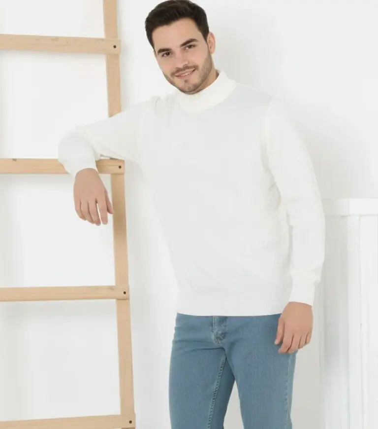 Yarım Boğaz Triko Yumuşak İnce Dokulu Pamuklu Uzun Kollu Kazak - Beyaz