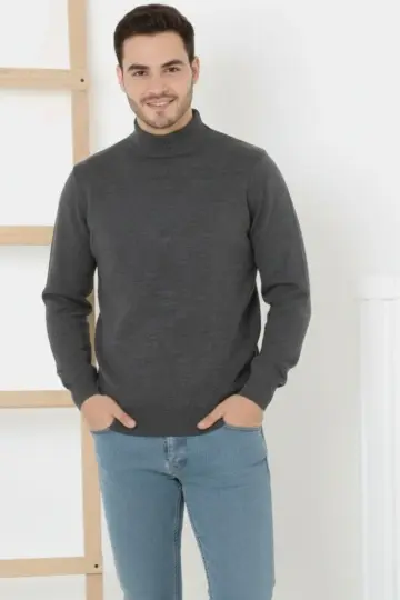 Yarım Boğaz Triko Yumuşak İnce Dokulu Pamuklu Uzun Kollu Kazak - Füme