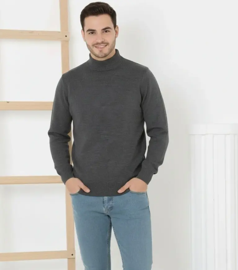 Yarım Boğaz Triko Yumuşak İnce Dokulu Pamuklu Uzun Kollu Kazak - Füme