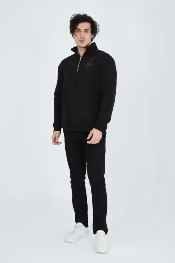 Yarım Fermuarlı Baskılı 3  iplik pamuklu sweatshirt - Siyah