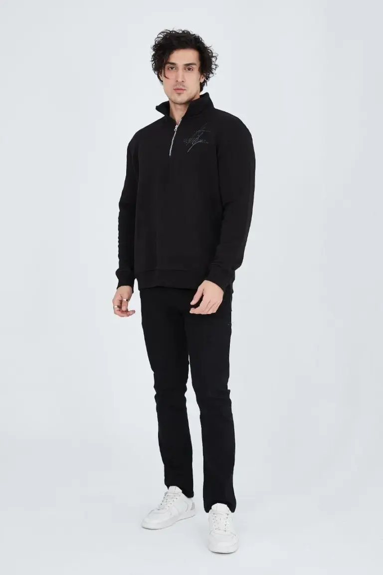 Yarım Fermuarlı Baskılı 3  iplik pamuklu sweatshirt - Siyah